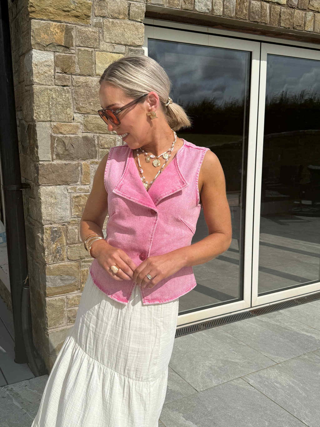 Chloe Denim Asymmetrical Waistcoat - Fushia