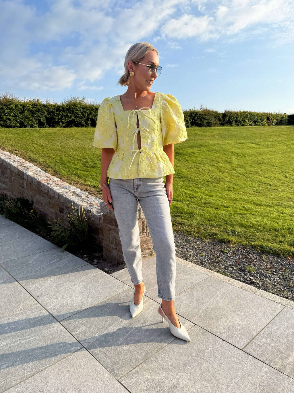 Yara Tie Front Embroidered Blouse - Lime