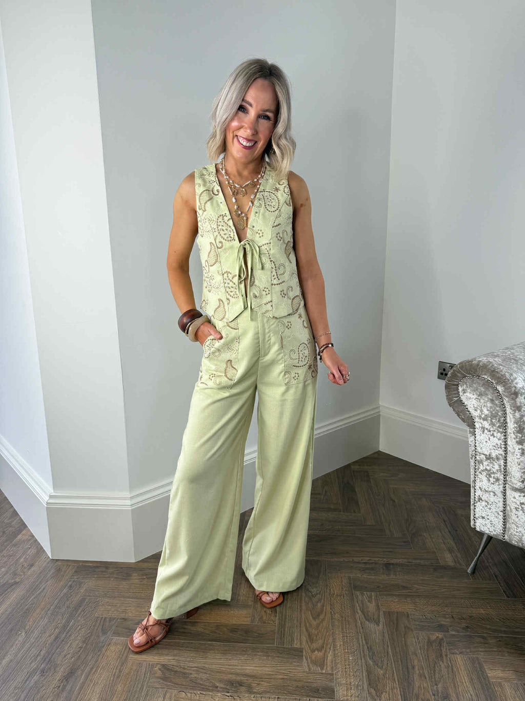 Mel Linen Embroidered Trousers - Green