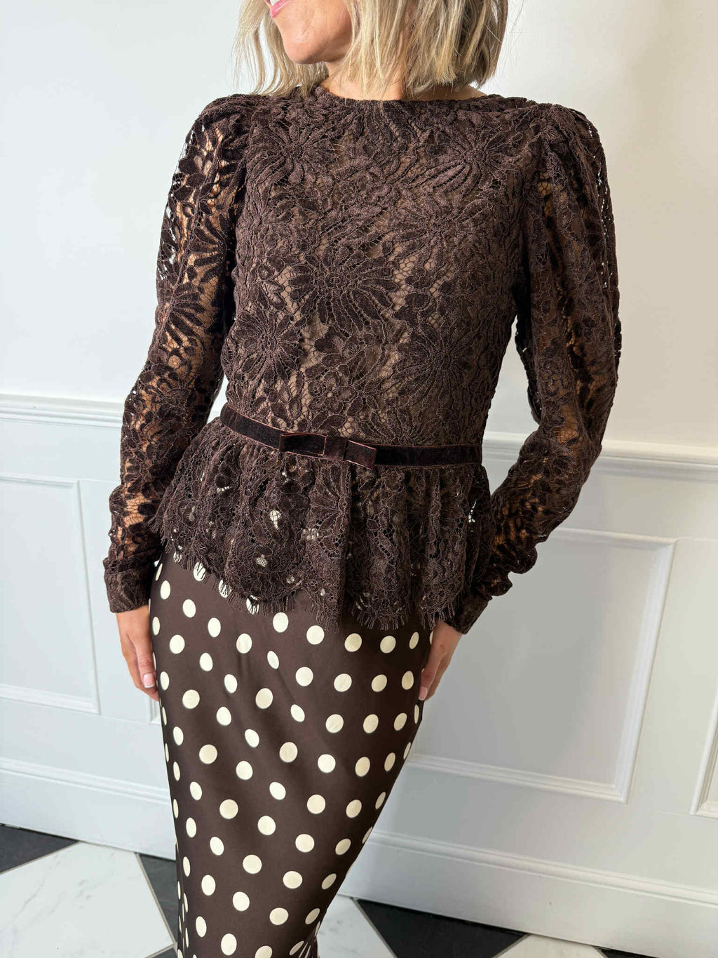 Alicia Lace Bow Top - Brown