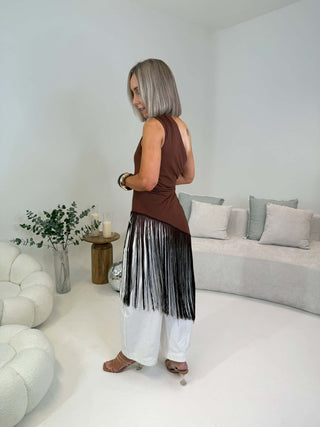 Lizzi Asymmetrical Fringe Top - Mocha