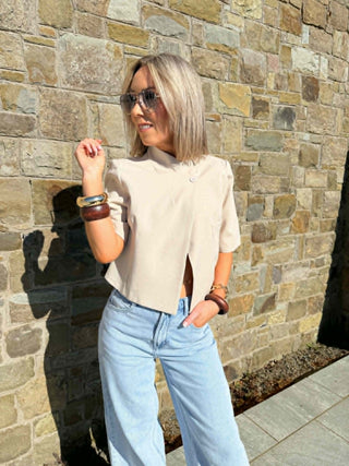 Jess Funnel Neck Short Blazer - Beige