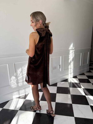 Bella Bow Velvet Mini Dress - Brown