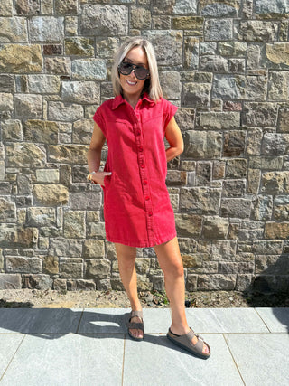 Ozzi Sleeveless Denim Dress - Red