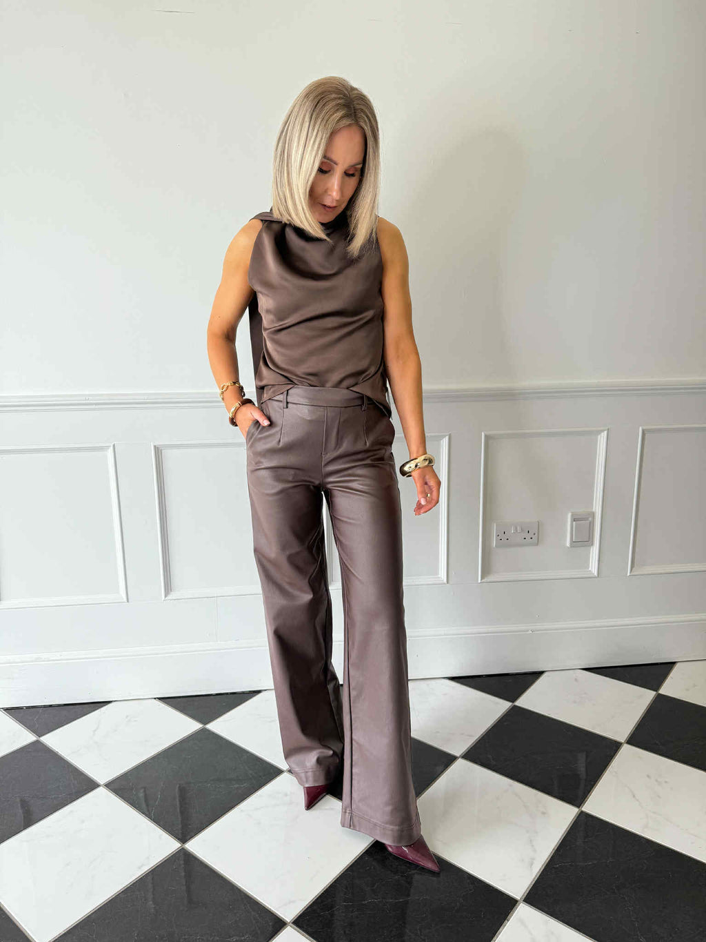 Breya Scarf Satin Top - Chocolate Brown