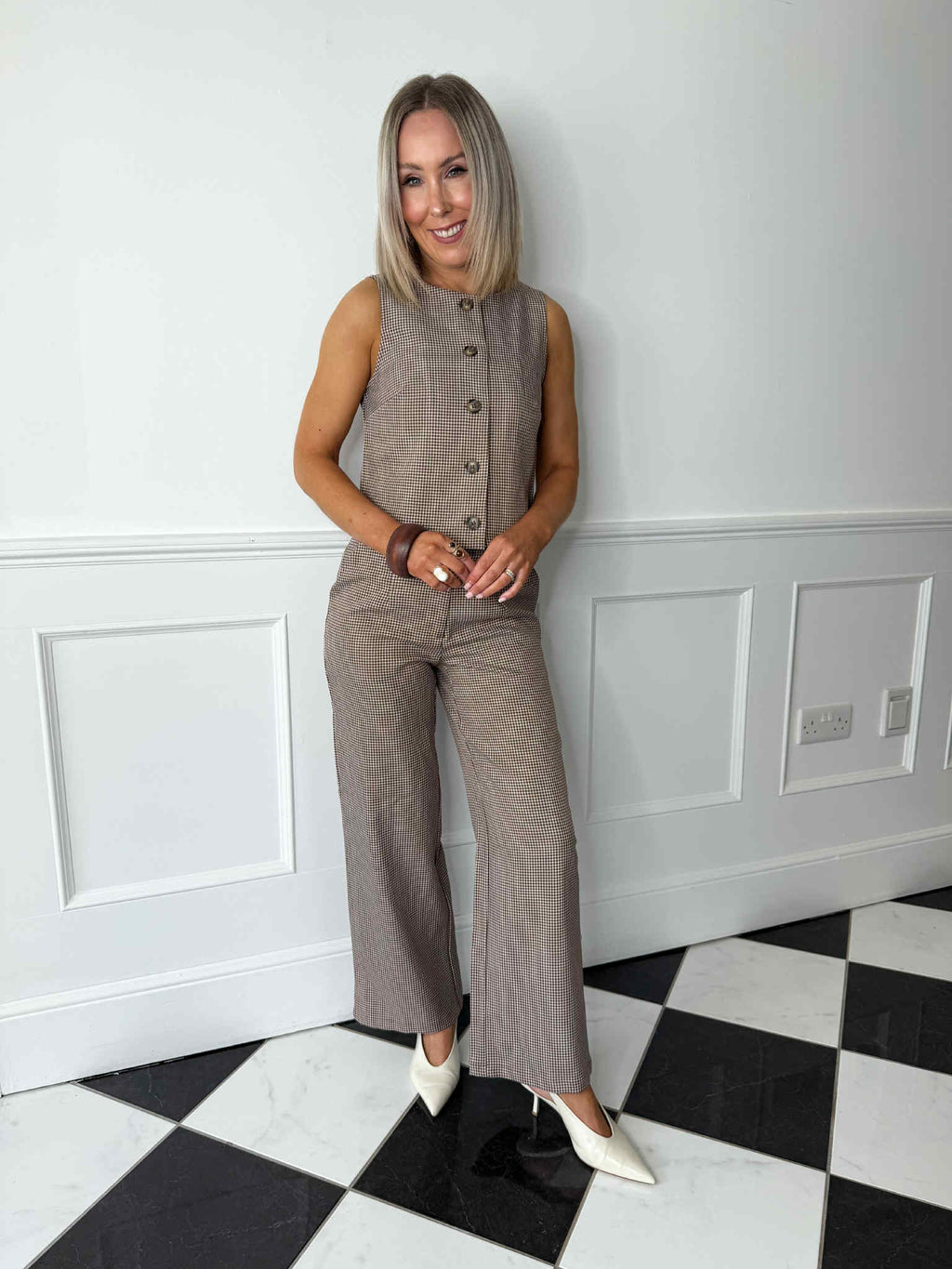 Juo High Waisted Trousers - Brown Check