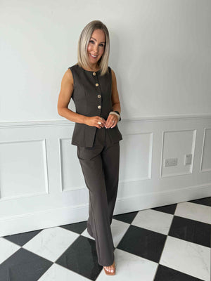 Suzi Gold Button Waistcoat - Brown