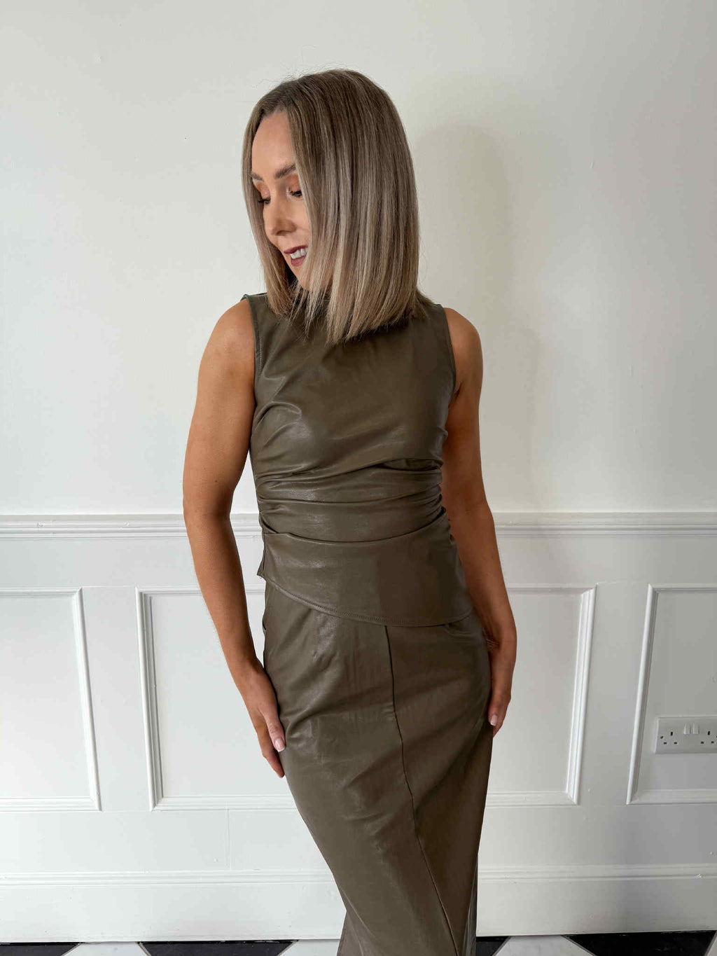 Maeve High Neck Faux Leather Top - Khaki