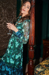 Contrasting green and blue florals decorate the base of this elegant silhouette, completed with velvet trims. The plunge neckline and full sleeves make this the perfect transitional Autumn piece, whilst the button front adds an extra detail. With a shirred back panel for ease of wear, the Babette is a perfect seasonal staple for any event.