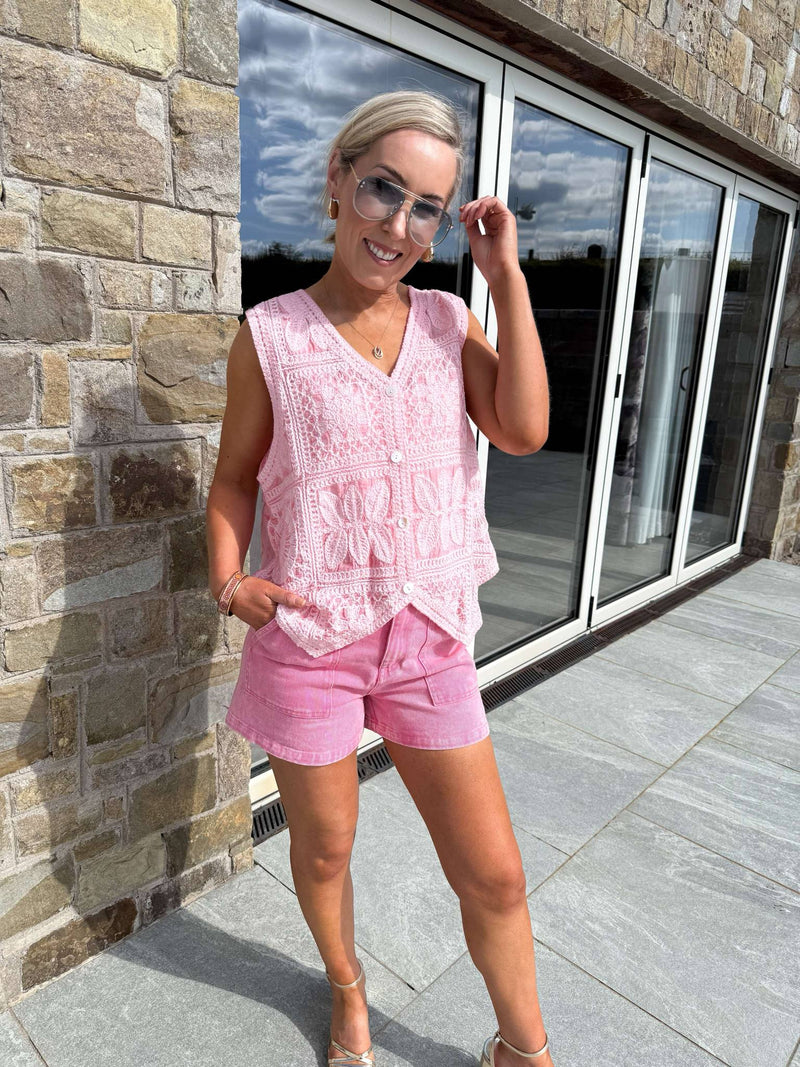 Lynn Crochet Cardigan - Pink
