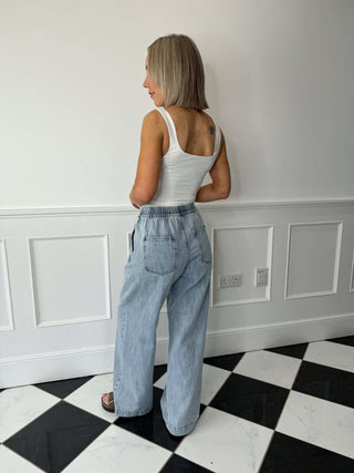 Geggo Pull Up Wide Leg Jeans - Light Blue Denim