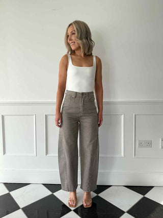 Carly Herringbone Check Barrel Leg Jeans