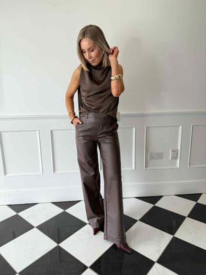 Breya Scarf Satin Top - Chocolate Brown