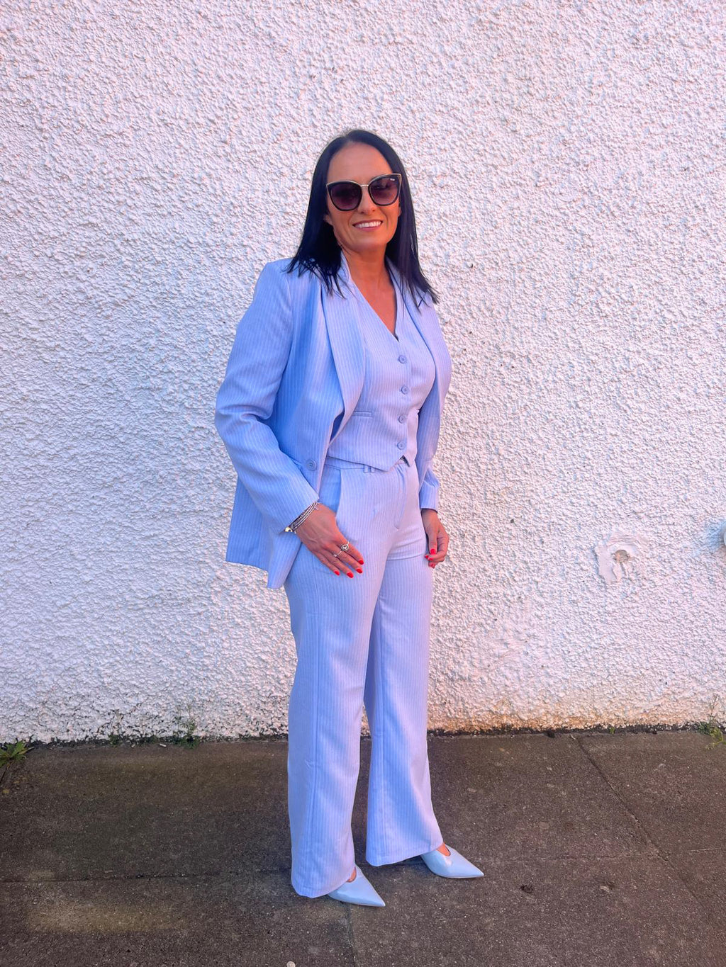 Tia Pinstripe Trousers - Sky Blue