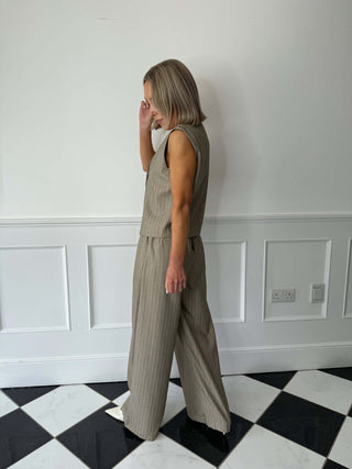Lottie Wide Leg Trousers - Beige Pinstripe