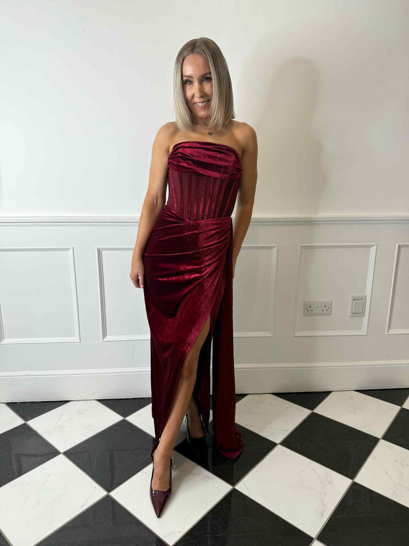 Karlee Velvet Corset Maxi Dress - Rich Berry