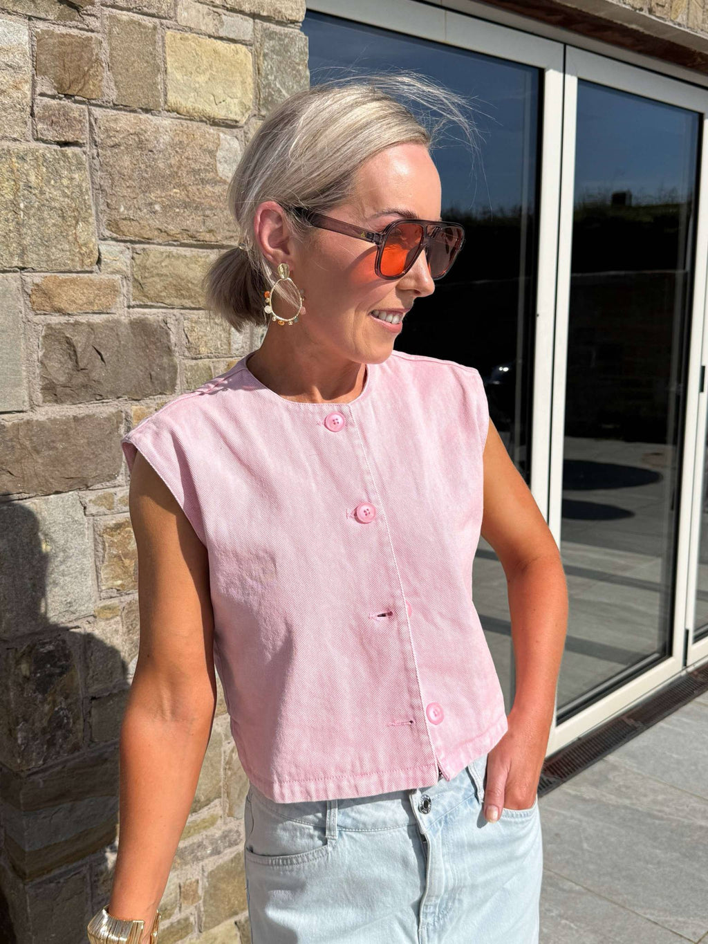 Yaz Denim Waistcoat - Light Pink