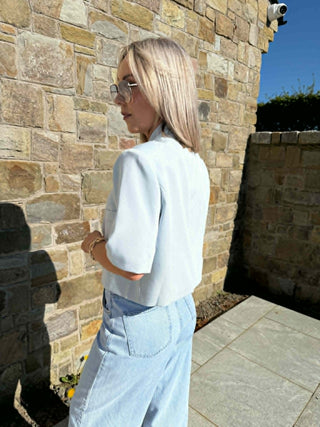 Jess Funnel Neck Short Blazer - Light Blue