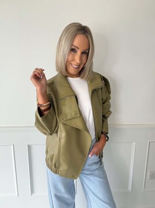 Cleo PU Funnel Neck Jacket - Olive