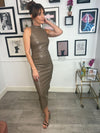 Aria Faux Leather High Neck Midi Dress - Taupe