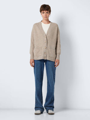 - Knitted cardigan  - Button fastenings through front  - V-neck  - Long sleeves with dropped shoulders  - Ribbed neckline, hem and cuffs  - Front patch pockets  - Relaxed fit