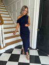 Donna Asymmetric Neckline Midi Dress Navy