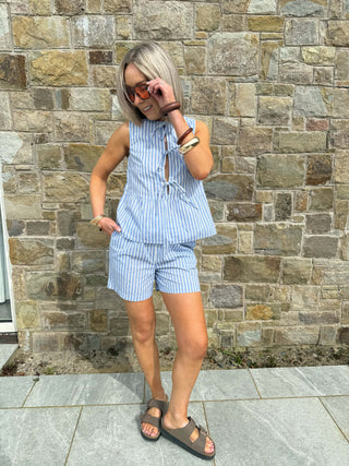 Jolly High Waisted Shorts - Blue Pinstripe