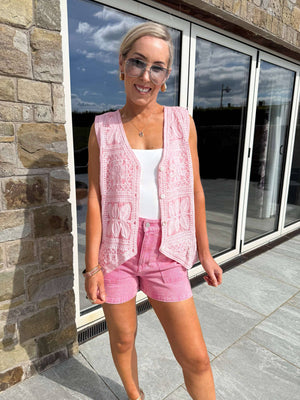 Lynn Oversized Crochet Waistcoat - Pink