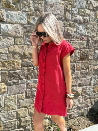 Ozzi Sleeveless Denim Dress - Red