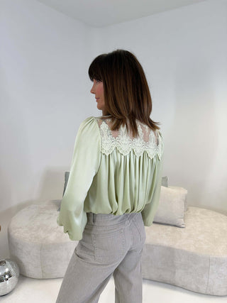 Luna Lace Trimmed Blouse - Green