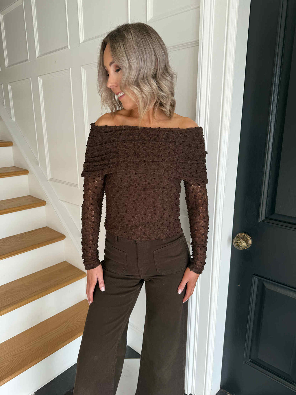 Paz Textured Lace Bardot Top - Brown
