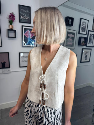 Emery Textured Tie Front Waistcoat - Beige