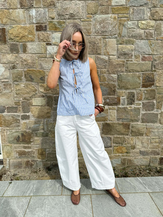 Jolly Sleeveless Tie Top - Blue Pinstripe