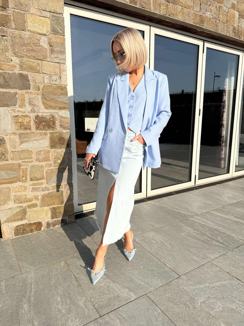 Mabel Double Breasted Pinstriped Blazer - Sky Blue