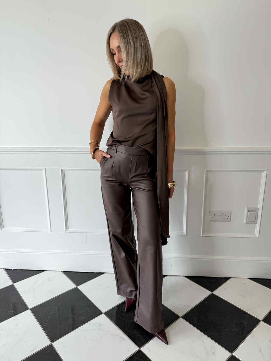 Melba Lisa Wide Coated Pants - Seal Brown