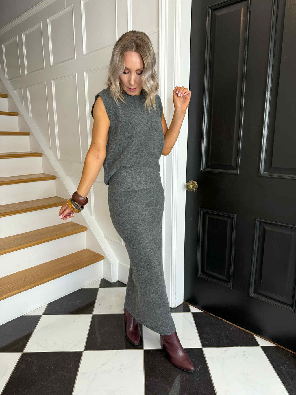 Jiko Fold Down Ankle Knit Skirt - Medium Grey