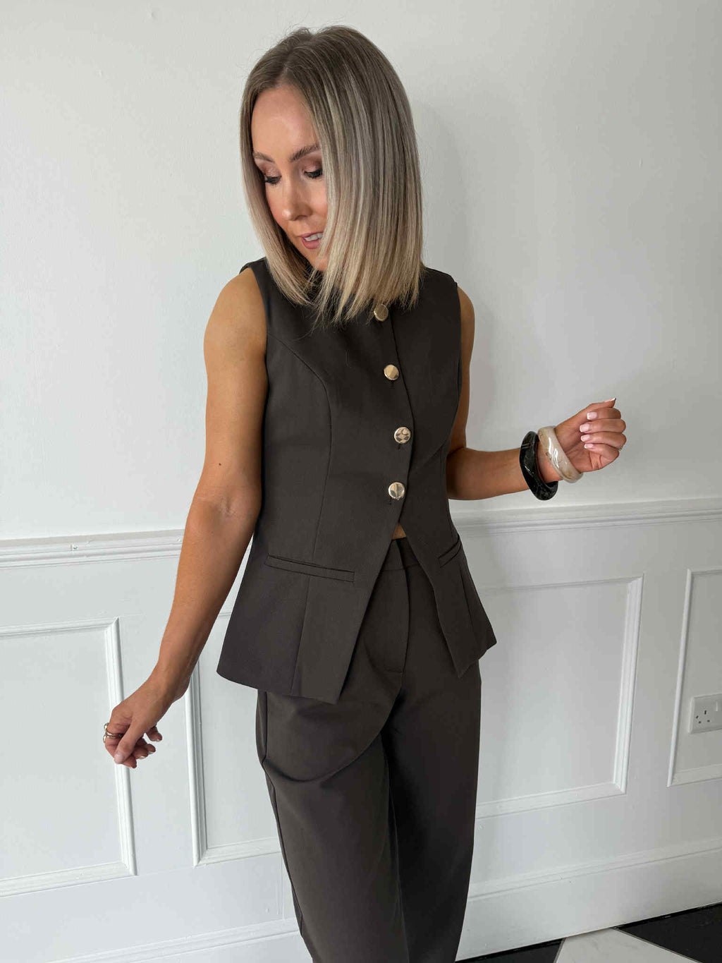 Suzi Gold Button Waistcoat - Brown