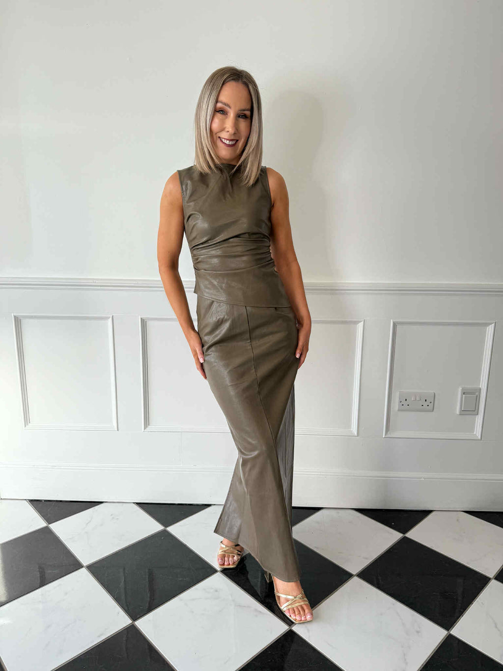 Maeve High Neck Faux Leather Top - Khaki