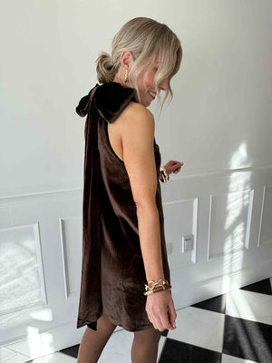 Bella Bow Velvet Mini Dress - Brown