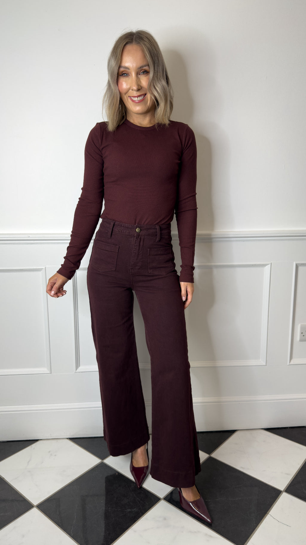 Alise Ribbed Long Sleeve Top - Burgundy