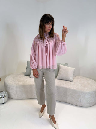 Trina Lace Trim Blouse - Pink
