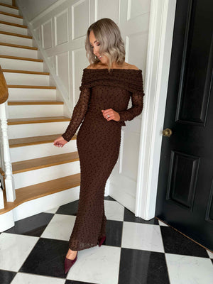 Ayla Textured Lace Maxi Skirt - Brown