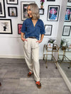 Kora V-Neck Denim Polo Top - Medium Blue