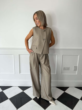 Lottie Wide Leg Trousers - Beige Pinstripe