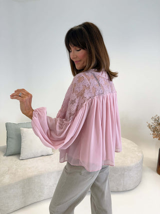 Trina Lace Trim Blouse - Pink