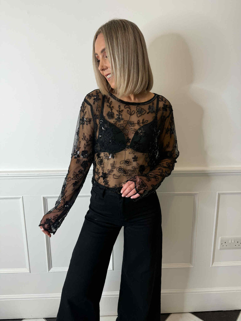 Aliza Floral Sequin Top - Black