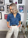 Kora V-Neck Denim Polo Top - Medium Blue