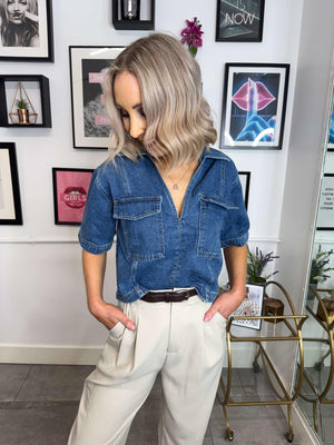 Kora V-Neck Denim Polo Top - Medium Blue