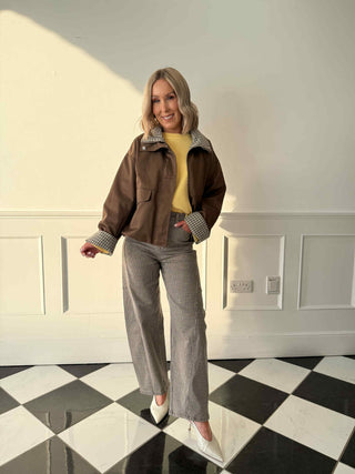 Carly Herringbone Check Barrel Leg Jeans