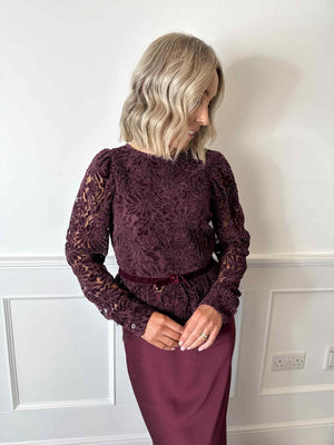 Alicia Lace Bow Top - Burgundy